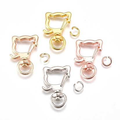Alloy Swivel Lobster Clasps, with Iron Jump Rings, Cat Head