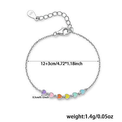 Rhodium Plated 925 Sterling Silver Enamel Heart Link Bracelets, Cable Chains Bracelets for Women