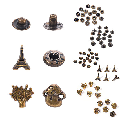18 Sets Eiffel Tower & Tree & Mushroom Brass Leather Snap Buttons Fastener Kits, Including 1 Set 45# Steel Hole Punch Tool, 1Pc 45# Steel Round Base