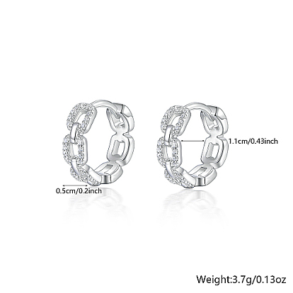 Rhodium Plated 925 Sterling Silver Micro Pave Cubic Zirconia Hoop Earrings, Curb Chains Shape