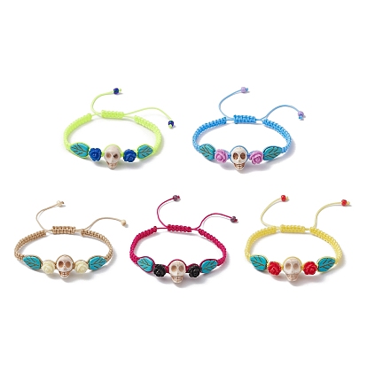 5Pcs 5 Colors Adjustable Synthetic Dyed Turquoise & Magnesite Braided Bead Bracelet Sets, Halloween Skull & Leaf & Flower Stackable Bracelets for Women