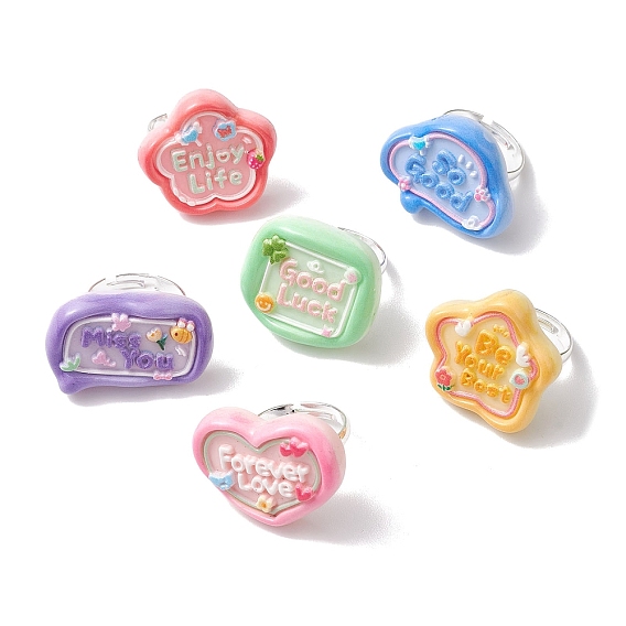 6Pcs 6 Styles Opaque Resin Adjustable Rings, Mixed Shape