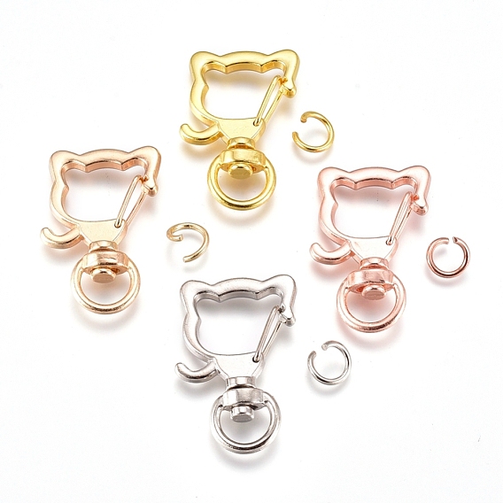 Alloy Swivel Lobster Clasps, with Iron Jump Rings, Cat Head