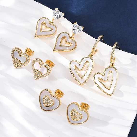 Серьги-гвоздики в форме сердца из латуни с микропаве из прозрачных кубических цирконий, с уха орехов, с оболочкой, без кадмия и без свинца, стойки покрытие, долговечный