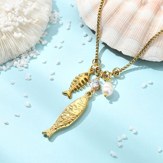 Rice Natural Pearl 304 Stainless Steel Fish Pendant Box Chain Necklaces for Women