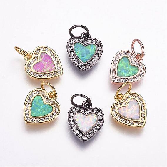 Brass Micro Pave Cubic Zirconia Charms, with Synthetic Opal, Heart