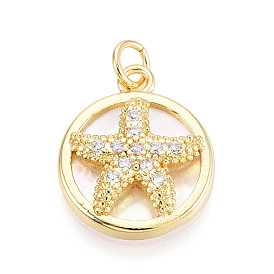 Латунные микропаве прозрачные подвески с фианитом, без кадмия и без свинца, с оболочкой, плоские круглые с морскими звездами, с целью перехода в кольце