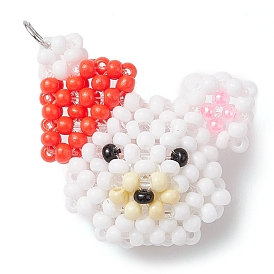 Handmade Glass Seed Beads, Loom Pattern, with 304 Stainless Steel Jump Ring, Bear Pendants