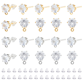 Brass Stud Earring Findings & Plastic Ear Nuts, with 316 Surgical Stainless Steel Pin, Cubic Zirconia and Loop, Flat Round