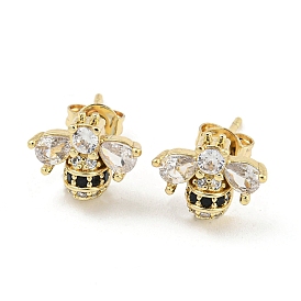 Bees Real 18K Gold Plated Brass Stud Earrings, with Cubic Zirconia
