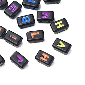 Opaque Black Acrylic Connector Charms, Rectangle with Mixed Letter
