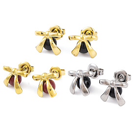 Ion Plating(IP) 304 Stainless Steel Enamel Stud Earrings for Women, Bowknot