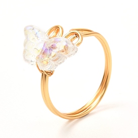 Butterfly Glass Cuff Rings for Teen Girl Women, Golden Brass Ring