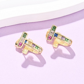 Т-образные серьги-гвоздики из латуни с микропаве из кубических цирконий, реальный 16 k позолоченный