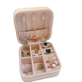 PU Leather Jewelry Zipper Boxes, with Velvet Inside, for Rings, Necklaces, Earrings, Rings Storage, Square