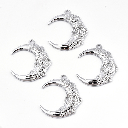 Ion Plating(IP) 201 Stainless Steel Pendants, Moon with Flower