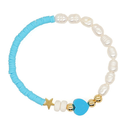 Golden Star, Sky Blue Heart & Pearl Bracelet - Unique Handmade Design