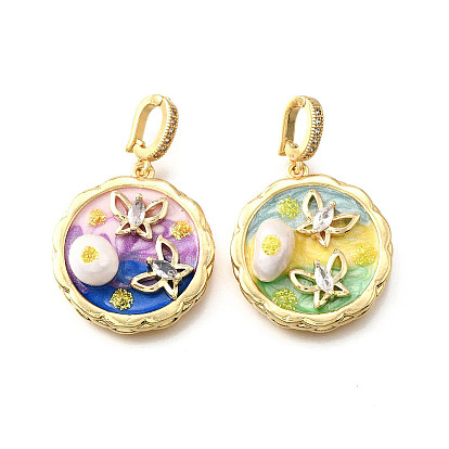 Латунные подвески с микропаве из кубического циркония и эмали, плоский круглый с подвесками в виде бабочек, с блестящей пудрой и натуральным пресноводным жемчугом, реальный 18 k позолоченный