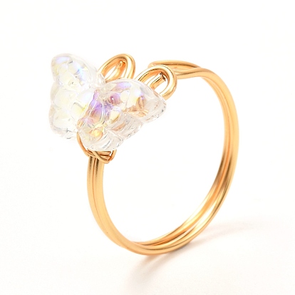 Butterfly Glass Cuff Rings for Teen Girl Women, Golden Brass Ring