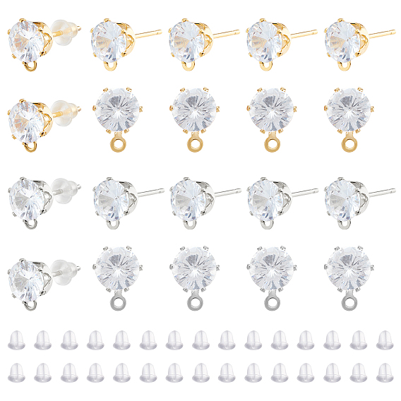 Brass Stud Earring Findings & Plastic Ear Nuts, with 316 Surgical Stainless Steel Pin, Cubic Zirconia and Loop, Flat Round