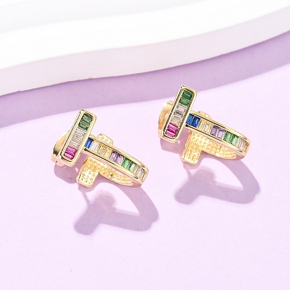 Т-образные серьги-гвоздики из латуни с микропаве из кубических цирконий, реальный 16 k позолоченный