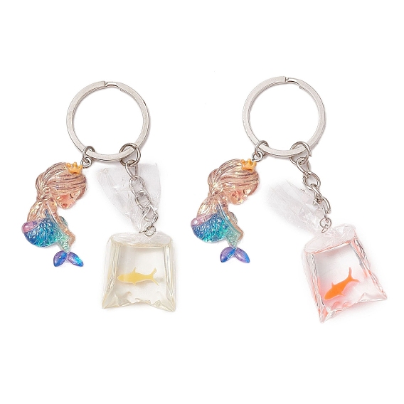 Resin Keychain, with Iron Rings, Mermaid, Fish
