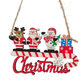 Santa Claus Reindeer Gilf Box Hanging Wooden Ornaments, with Rope, Wooden Decor for Christmas Party, with Word Christmas