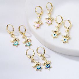 Unique Star and Moon Drop Earrings with Copper Plating in Real Gold for Women