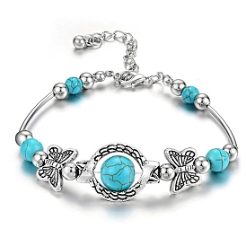 Natural Turquoise Bead Bracelets, Alloy Butterfly & Tube Bracelets for Women