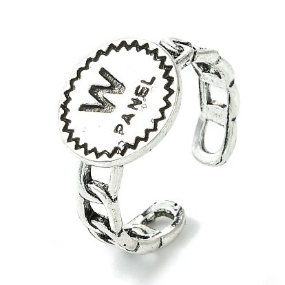 Flat Round with Word W Panel Alloy Open Cuff Finger Ring for Women