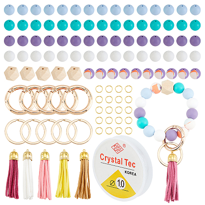 DIY Charm Keychain Wristlet Making Kit, Including Silicone & Wood Round Beads, Brass Suede Tassels, Alloy Split Key Ring & Spring Gate Ring