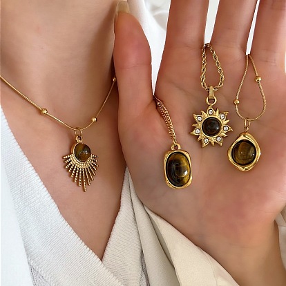 304 ожерелья с подвесками из нержавеющей стали с натуральным тигровым глазом, золотые