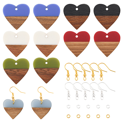 DIY Dangle Earring Making Kits, Including Resin & Wood Pendants, Brass Earring Hooks & Jump Rings, Heart