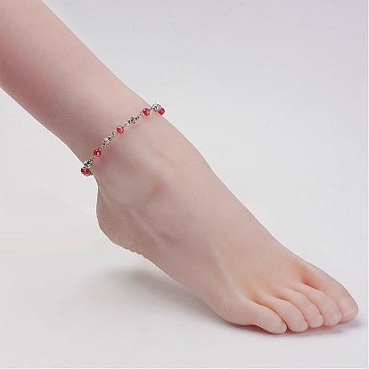 Iron Chain Anklets, with Iron Spacer Beads, Electroplate Glass Bead and Brass Lobster Claw Clasps