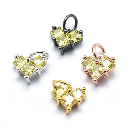 Brass Charms, with Cubic Zirconia, Cadmium Free & Nickel Free & Lead Free, Heart