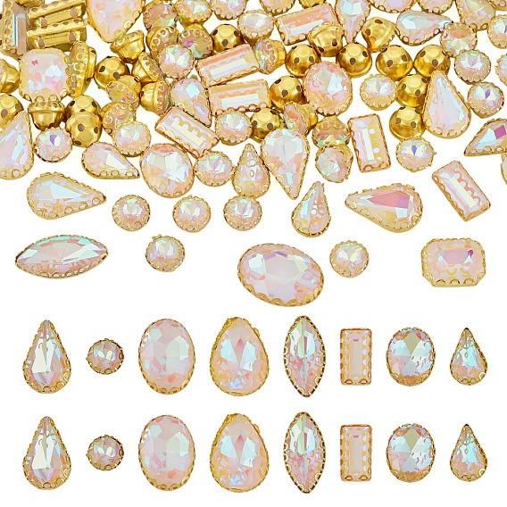 100Pcs Glass Sew on Rhinestones, with Alloy Findings, Mixed Shapes, Faceted, Golden