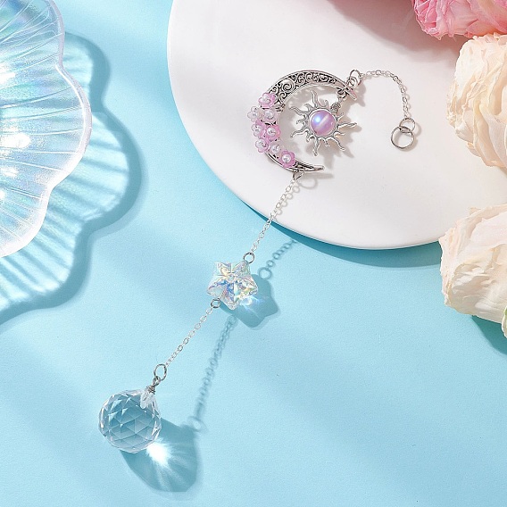 Круглые подвесные ловцы солнца из стекла и акрила, со сплавом солнца и луны и 304 звеном из нержавеющей стали и синтетического лунного камня