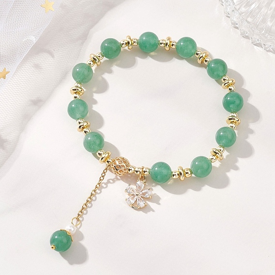 Браслеты из круглых бусин из натурального зеленого авантюрина для женщин, с подвесками из латунных прозрачных кубических цирконий, цветок