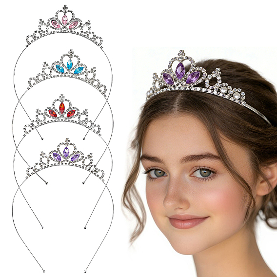 4Pcs 4 Colors Iron Rhinestone Hair Bands, Crown