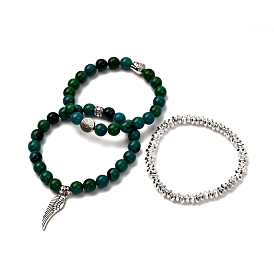 Synthetic Chrysocolla & Non-magnetic Hematite Stretch Bracelets Set for Men Women Gift, with Buddha Head & Wing Alloy Charm & Beads