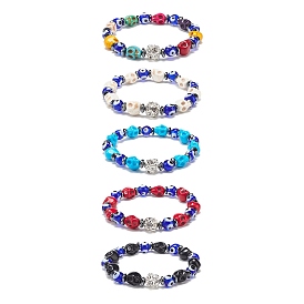 Lampwork mauvais œil et bracelets extensibles en perles de crâne synthétiques teints en turquoise (teints), bracelet en perles synthétiques hématite et strass pour femme