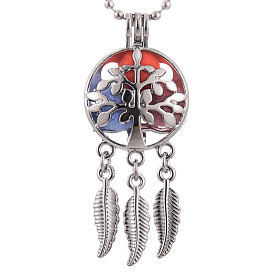 Alloy Diffuser Locket Pendants, with Tree of Life Pattern, Excluding Chain, Woven Net/Web with Feather
