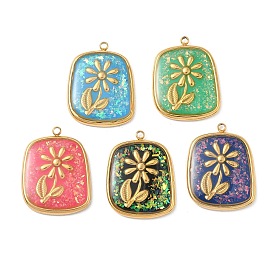 304 подвески из нержавеющей стали, эпоксидной смолы, с натуральными ракушками и пайетками внутри, прямоугольник с цветочными подвесками, реальный 18 k позолоченный, вакуумное покрытие pvd