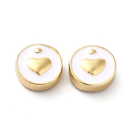 Rack Plating Alloy Enamel Beads, Flat Round with Heart, Golden