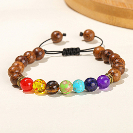Bracelet de perles rondes tressées en bois et pierres précieuses naturelles et synthétiques, bracelet réglable thème chakra
