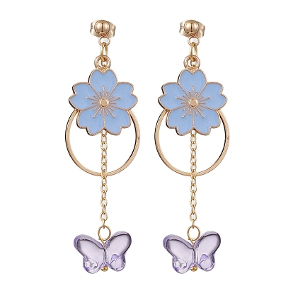 Golden Alloy Enamel Flower Dangle Stud Earrings, Glass Butterfly Tassel Earrings