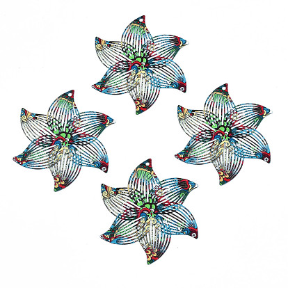 430 Stainless Steel Pendants, Spray Painted, Etched Metal Embellishments, Flower with Plant Pattern