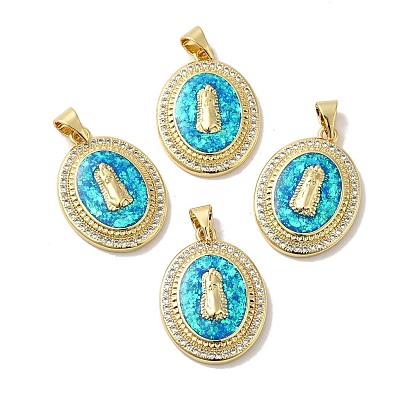 Rack Plating Brass Micro Pave Cubic Zirconia with Synthetic Opal Pendants, with Jump Ring, Lead Free & Cadmium Free, Long-Lasting Plated, Oval with Saint
