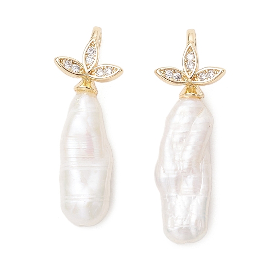 Подвески из натурального зернистого жемчуга кеши в стиле барокко, Подвески-палочки с латунным микропаве из кубического циркония в форме листа, белые