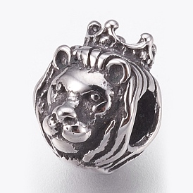 316 Surgical Stainless Steel European Beads, Large Hole Beads, Lion with Crown